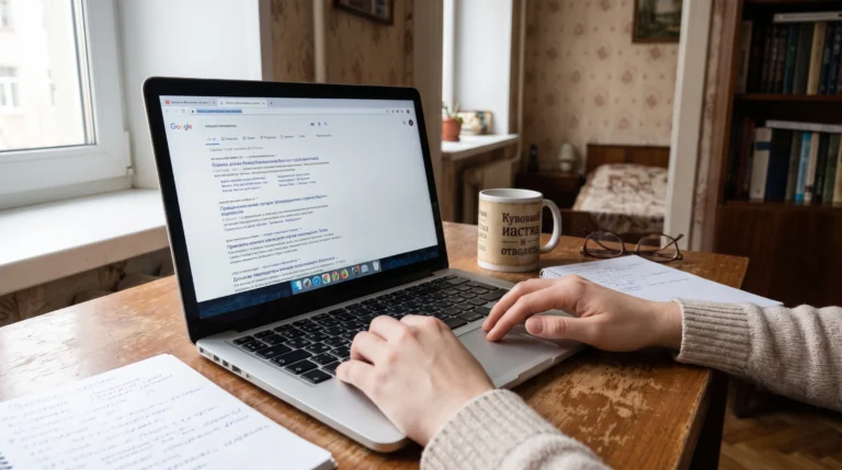 Разработчик за столом изучает печатные отчёты по SEO-продвижению