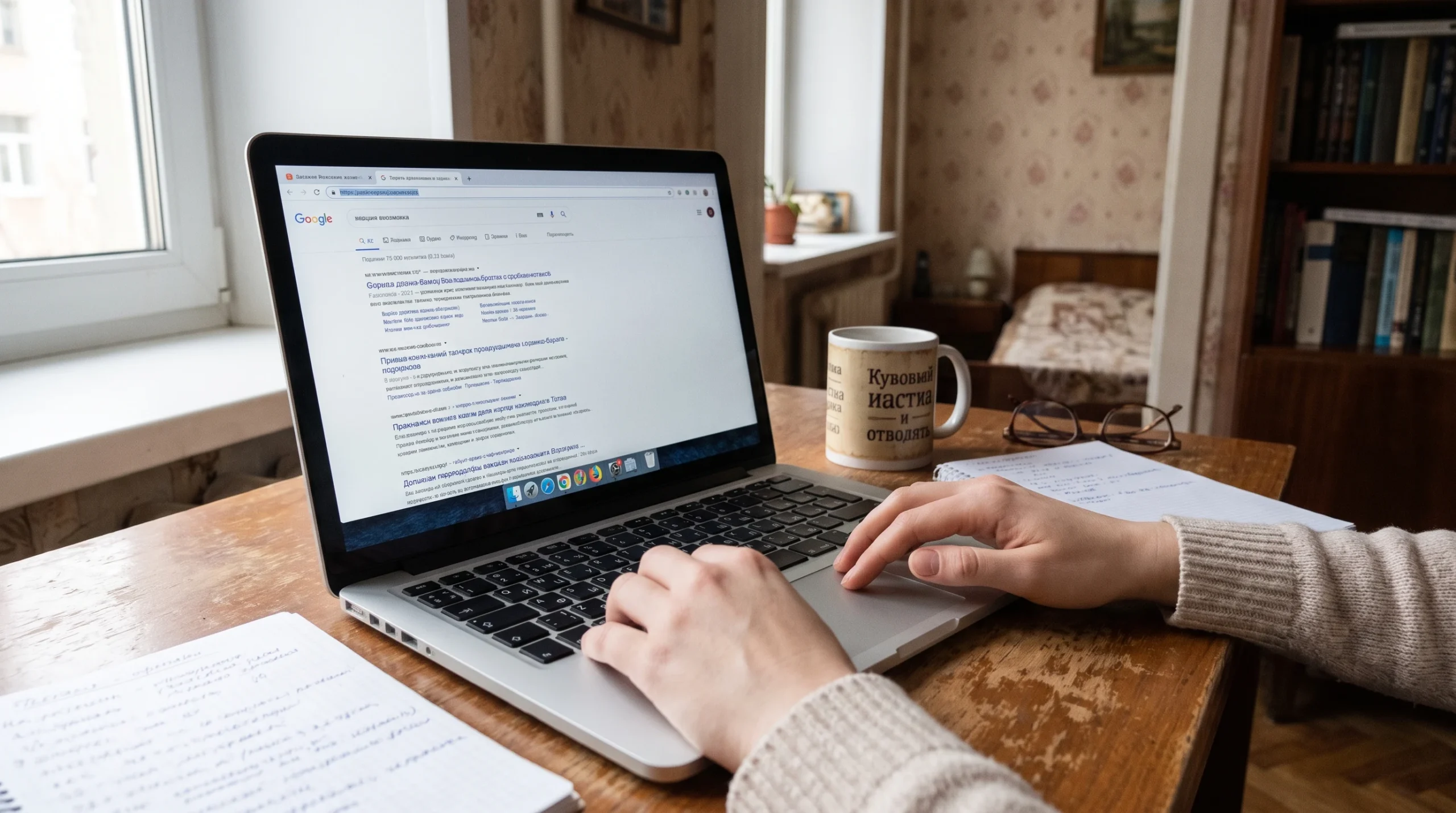 Разработчик за столом изучает печатные отчёты по SEO-продвижению